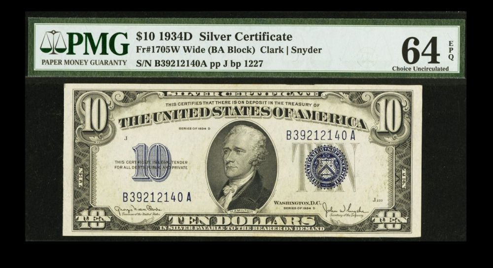 Fr.1705, 1934D $10 Silver Certificate, B39212140A, PMG64-EPQ